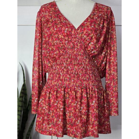 Lane Bryant Peplum Blouse Top Womens Plus 22/24 Pink Floral Smocked Waist Mesh - Picture 1 of 5